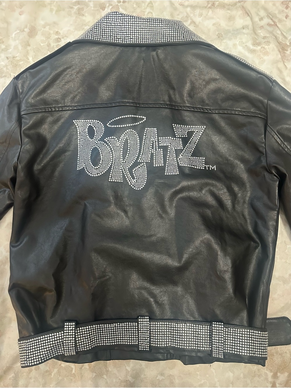 Dolls Kill Black Faux Leather Crystal-Trim Moto Jacket